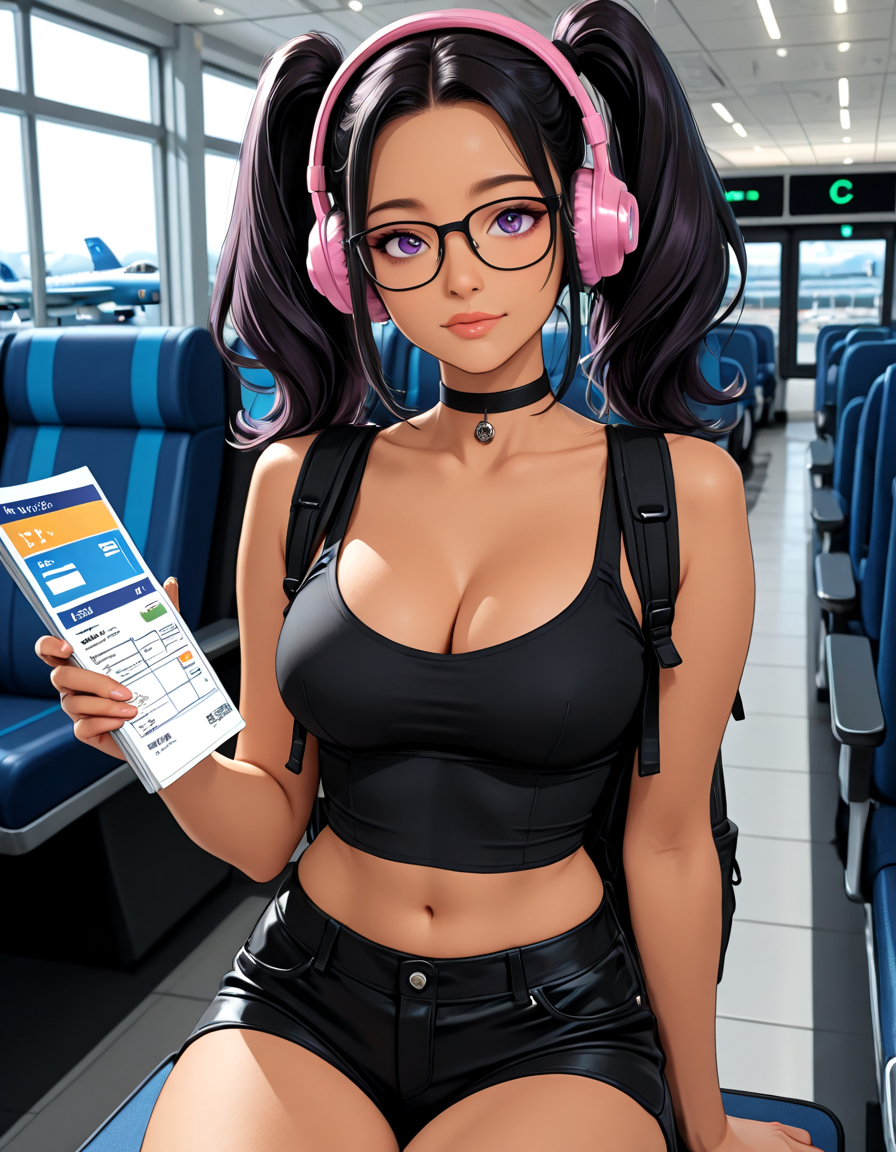 score_9, score_8_up, score_7_up, cowboy_shot, 1girl, adult, woman, 30 years old, Asian, Japanese, statuesque thin body, tan skin, long jet black hair in twin tails, amethyst eyes, pretty adorable face with slightly rounded cheeks, button nose, small cute chin, small C cup breasts, wears glasses, cropped black tank top, bare midriff, exposed cleavage, black choker, chunky pink headphones, tight fitting black booty shorts, sitting at airport departure gate, holding passport and plane ticket, travel backpack beside her, thoughtful expression, soft natural makeup, subtle lip gloss, airport terminal background with flight information displays, ambient lighting from large windows, modern airport seating, carry on luggage visible, travel documents in hand, international flight context, journey preparation theme