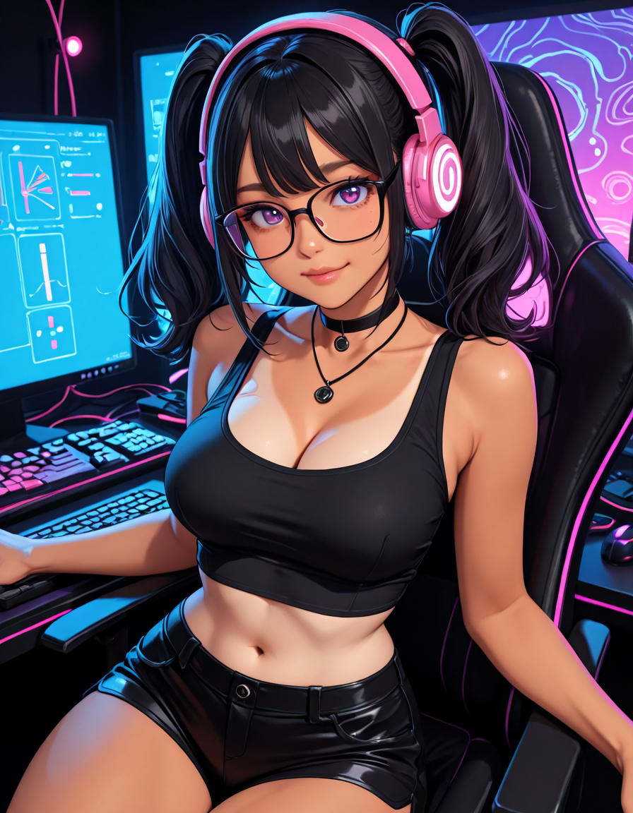 score_9, score_8_up, score_7_up, cowboy_shot, 1girl, adult, woman, 30 years old, Asian Japanese ethnicity, statuesque thin body with tan skin, long jet black hair worn in twin tails, amethyst eyes, pretty adorable face with slightly rounded cheeks, button nose, small cute chin, small C cup breasts, wears glasses, cropped black tank top exposing midriff and cleavage, black choker necklace, chunky pink headphones, tight fitting black booty shorts, sitting at gaming desk with multiple computer monitors showing CS2 skin market charts and graphs, mechanical keyboard with RGB lighting, gaming mouse, background of modern gaming setup with neon accent lighting, focused expression while analyzing digital market data, soft studio lighting highlighting facial features