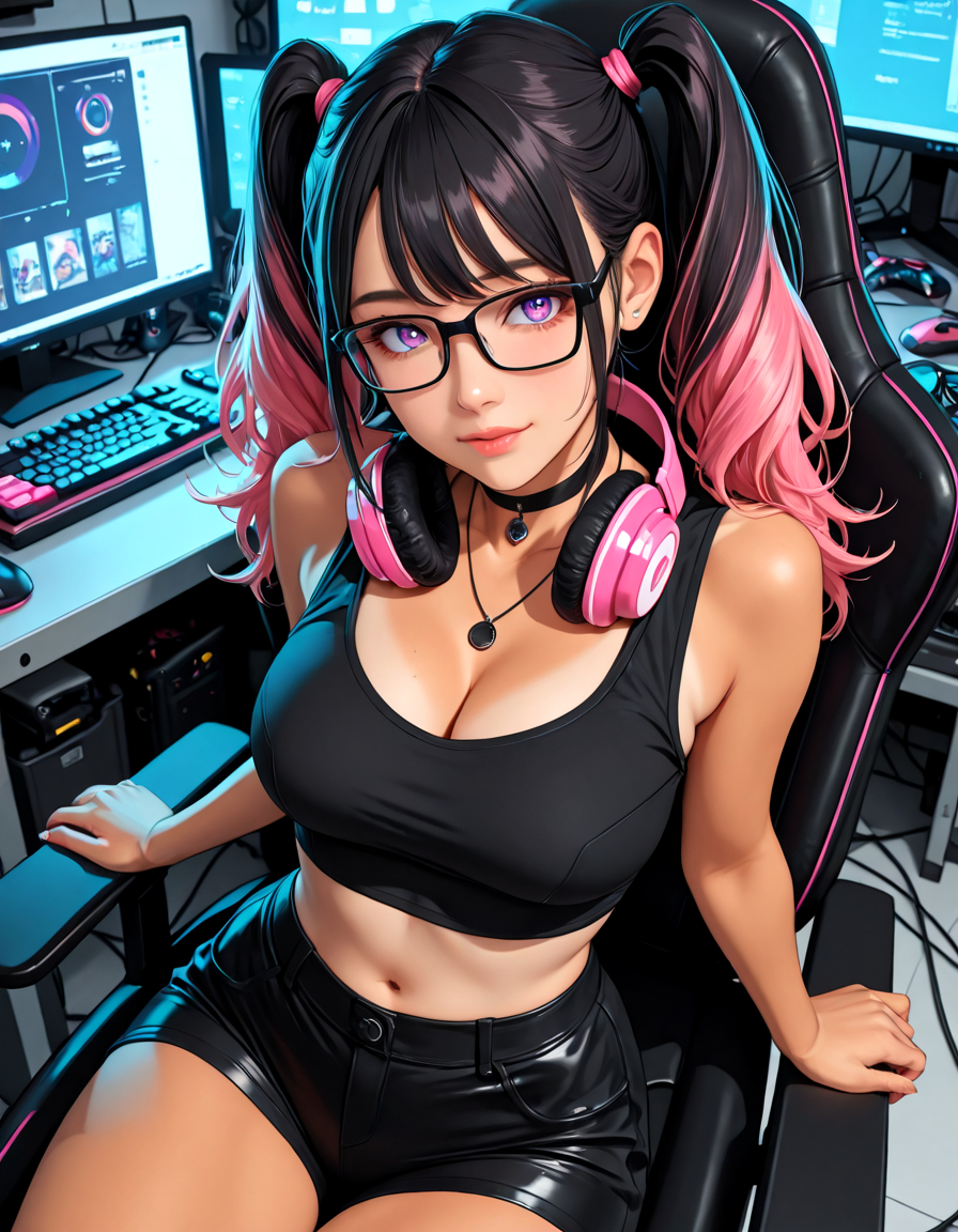 score_9, score_8_up, score_7_up, cowboy_shot, 1girl, adult, woman, 30 years old, Asian, Japanese ethnicity, slender athletic build, warm golden tan skin, long jet-black hair styled in twin tails with pink hair ties, amethyst colored eyes, pretty adorable face with slightly rounded cheeks, button nose, small cute chin, wearing black rectangular glasses, cropped black tank top exposing midriff and cleavage, black choker necklace, chunky pink headphones around neck, tight-fitting black booty shorts, sitting at modern gaming desk with RGB keyboard and mouse, surrounded by PC components and tools, building a computer with visible motherboard and graphics card, workshop environment with tool racks and component boxes, soft studio lighting from above, technical atmosphere with visible cables and computer parts, focused expression while working on PC build